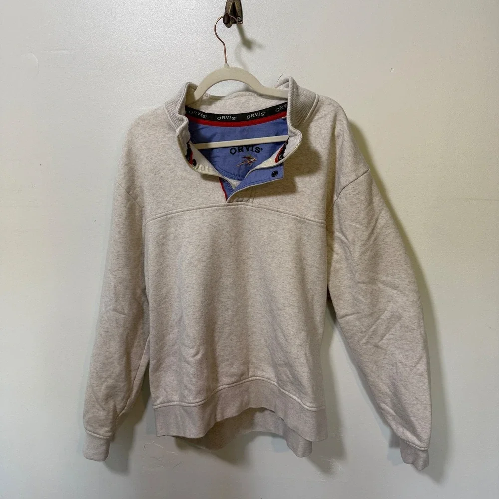 Orvis Mens Quarter Zip Sweatshirt Oatmeal Heather‎ Fly Fishing Logo 2XL